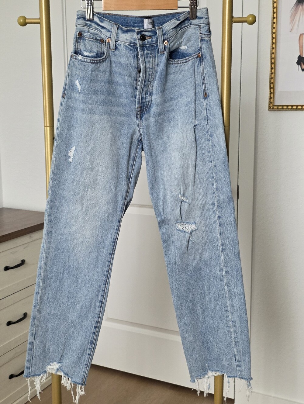 Pistola High Waist Straight Leg Distressed Raw Hem Jeans, Size 25, Blue Wash